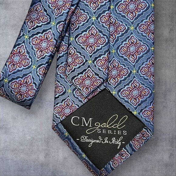 CM Gold Series Men's Silk Tie Blue Geometric Pattern Classic Length - Picture 3 of 3